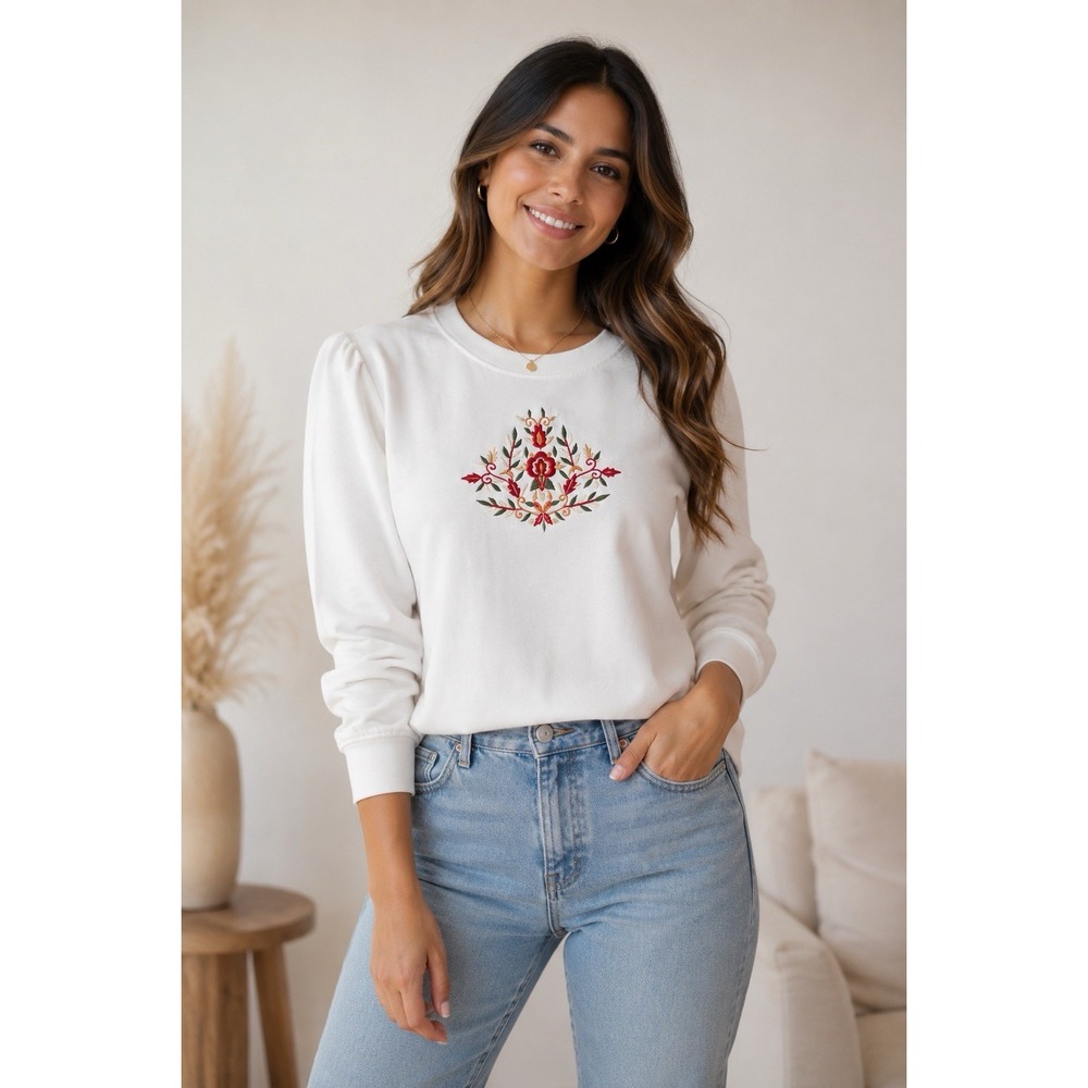 Embroidered Floral Blouse Top Women's S/M White Boho Artsy NEW Young Threads